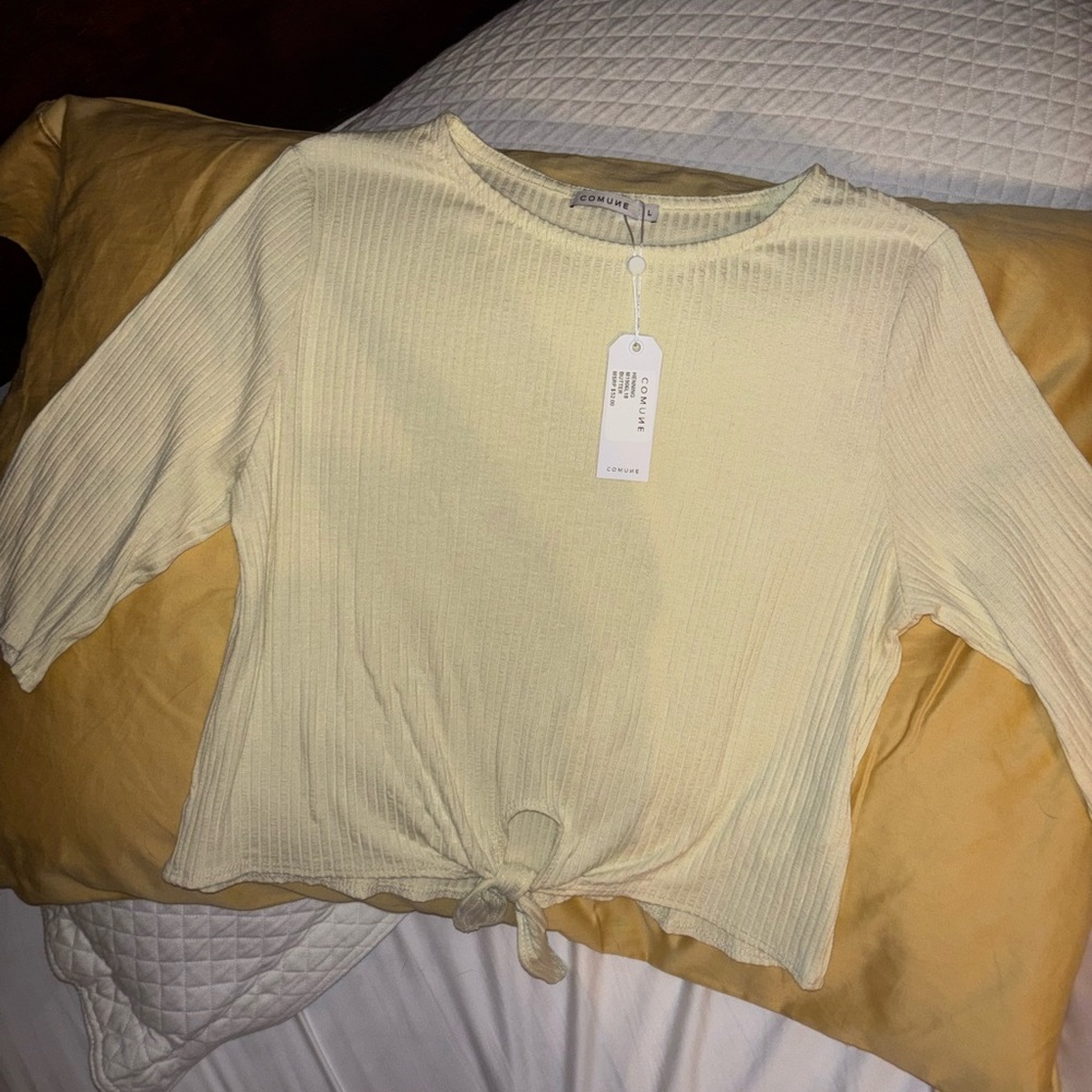 Genuine People Cream Ribbed Tie-Front Crop Top - color BUTTER